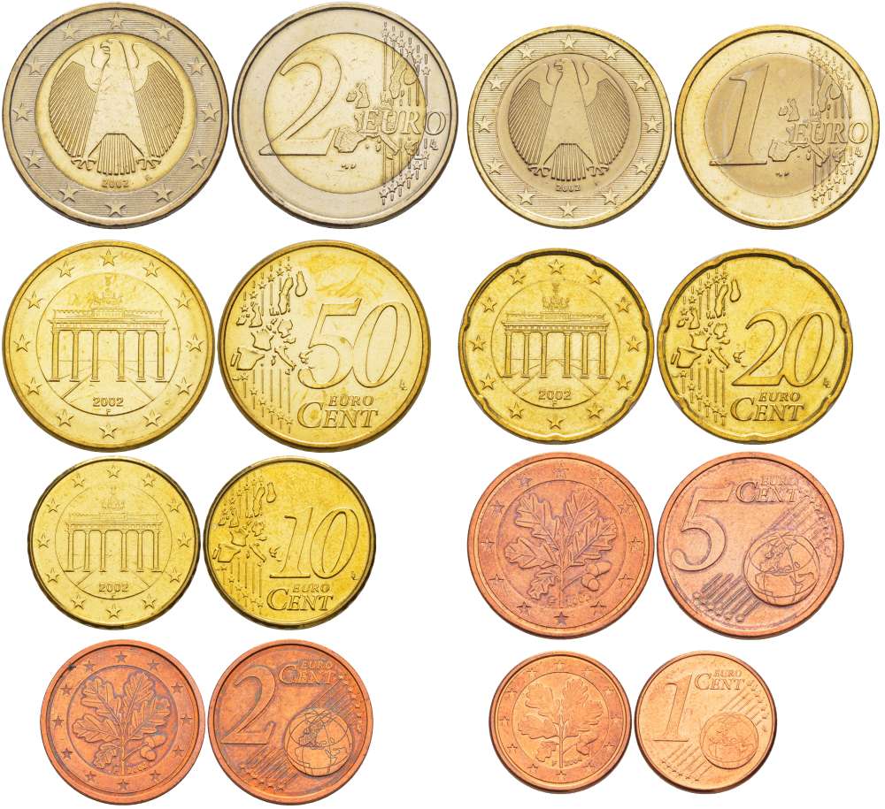 ФРГ евронабор из 8 монет 2002-2004 F, монеты в капсулах биметалл UNC 1094-3-15-85