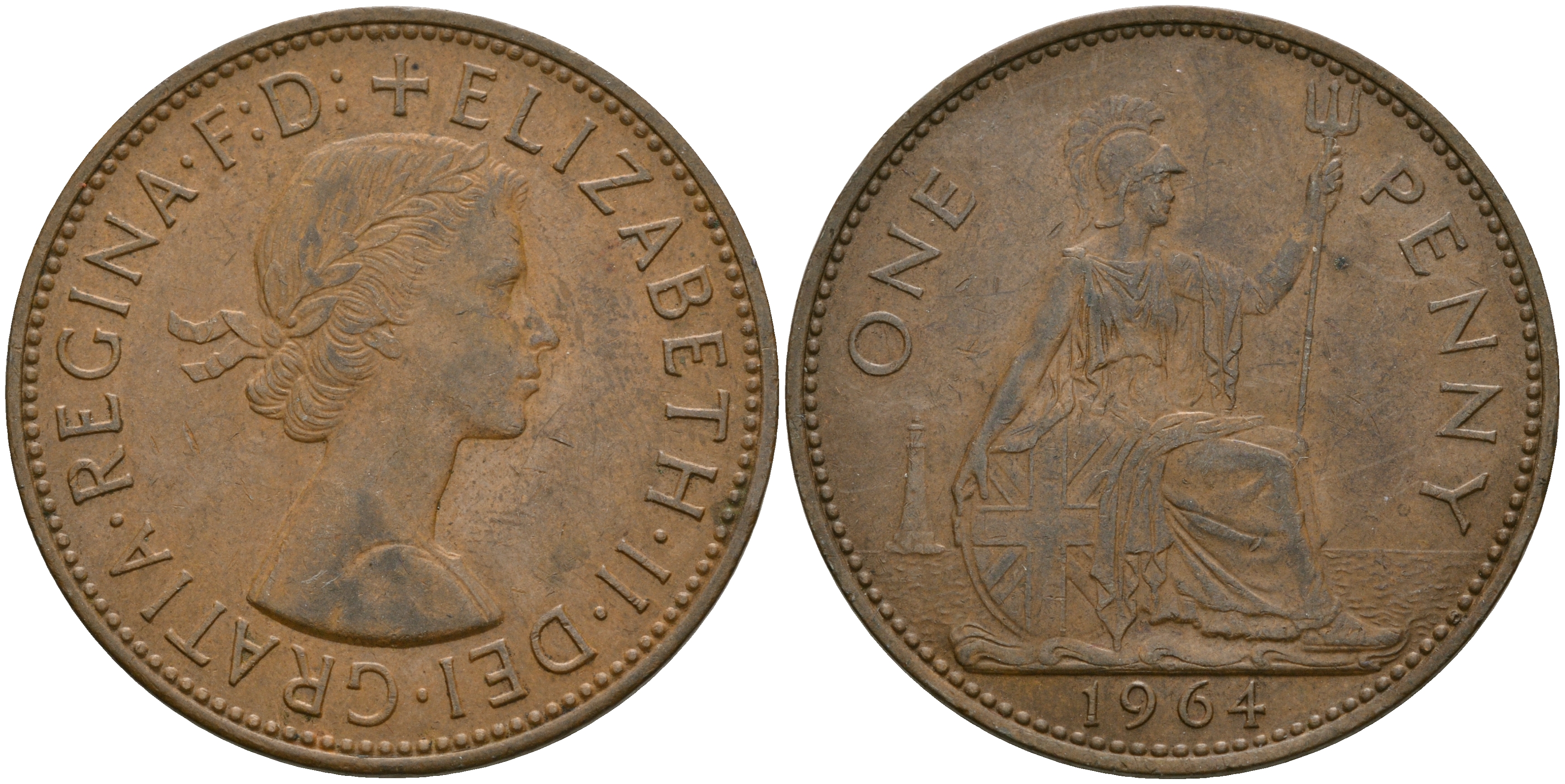 Великобритания 1 пенни 1964 Елизавета II (1952-2022) KM 897, Spink 4157 бронза 08-446