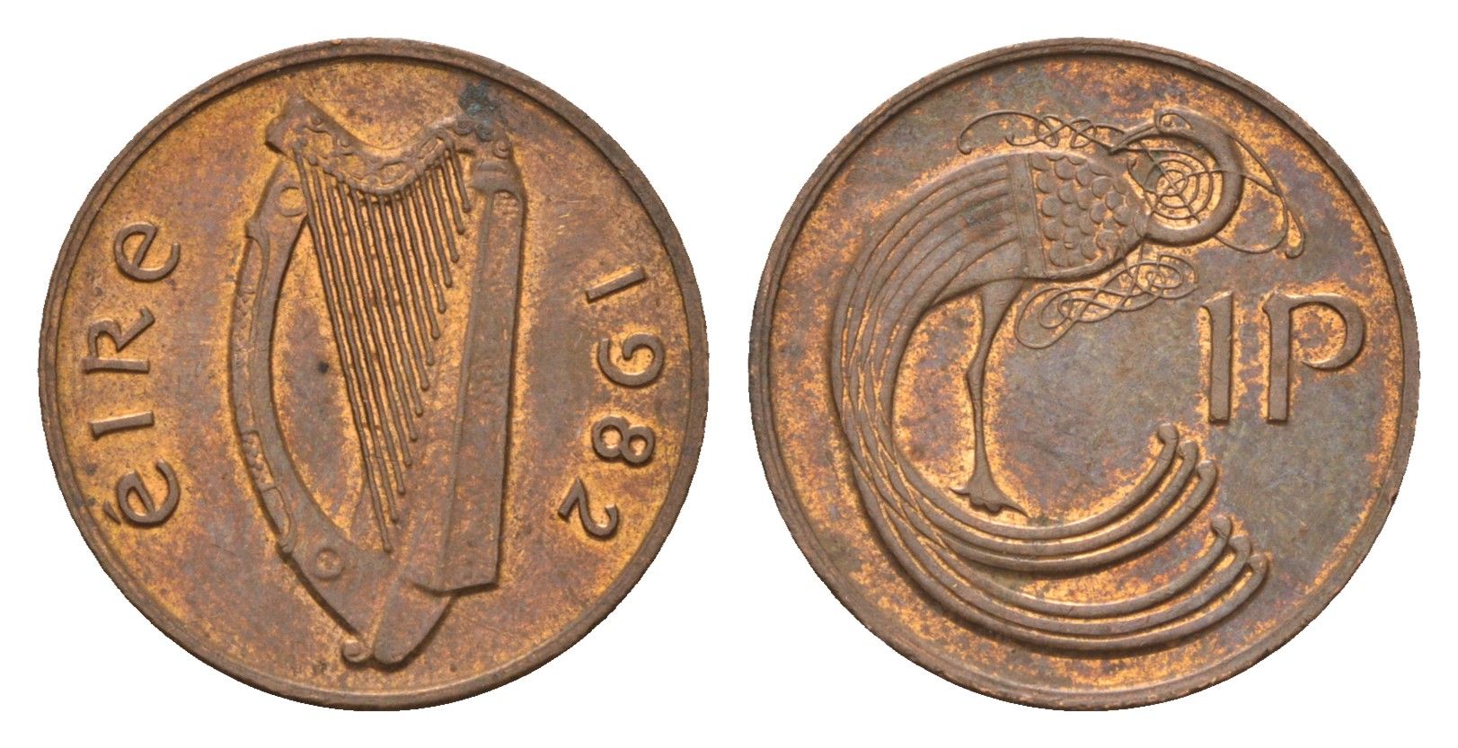 Ирландия 1 пенни 1982 мифологическая птица лира KM 20 бронза 4690-432