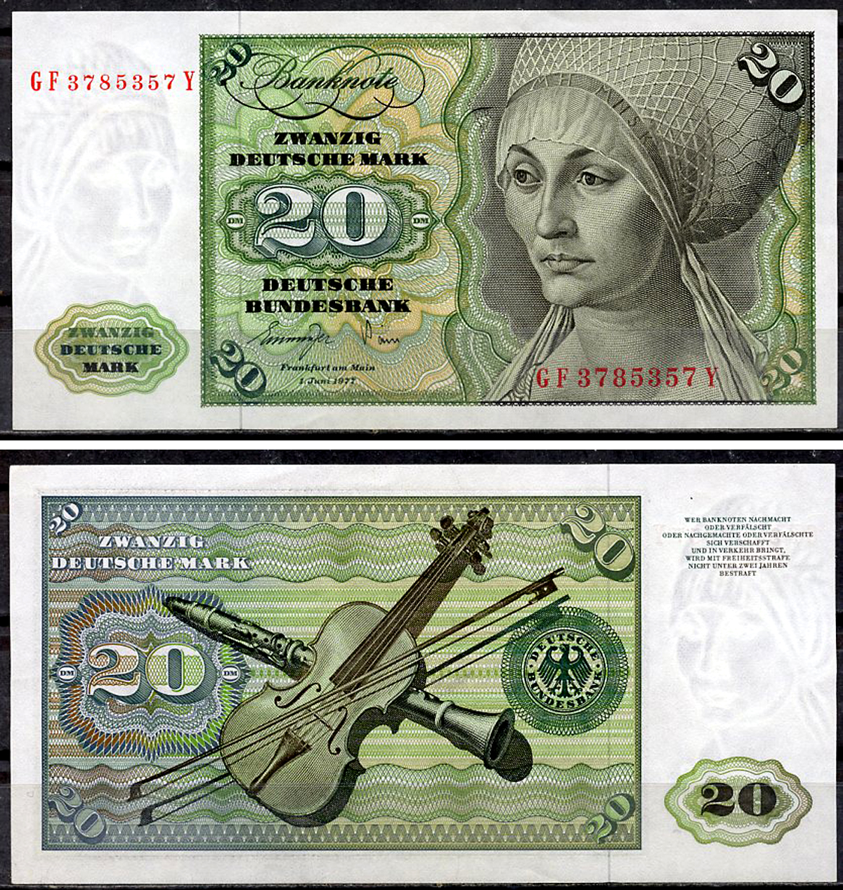 ФРГ 20 марок 1977 Эльсбет Тухер (Альбрехт Дюрер), скрипка, кларнет Pick 32 b  бумага  aUNC 451-918-3