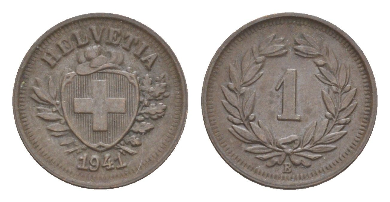 Швейцария 1 раппен 1941 B KM 3 бронза 4618-925