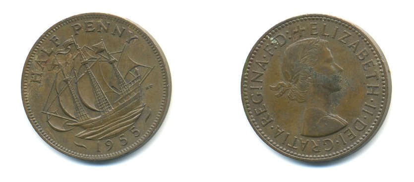 Великобритания 1/2 пенни 1955 Елизавета II (1952-2022) KM 896, Spink 4158 бронза 59-1045