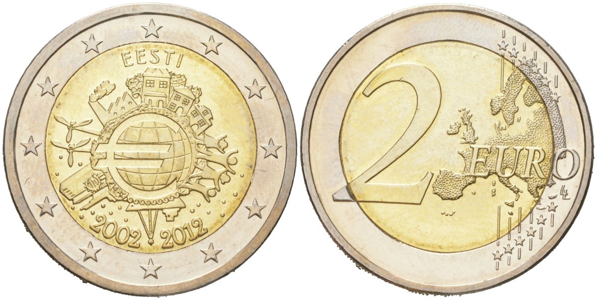 Эстония 2 евро 2012 10 лет евро наличными KM 70 биметал UNC 4153-815