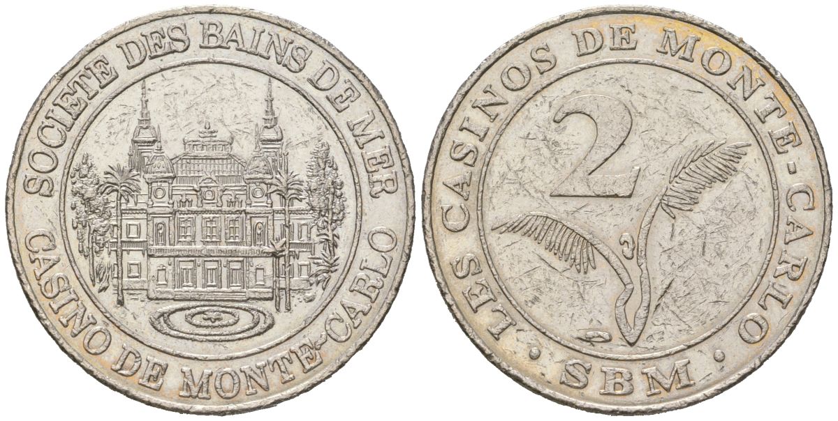 Казино Монте-Карло в Монако 2 франка ND (2001-2002) вес 10,8 гр, диаметр 26,5 мм никель 92-143