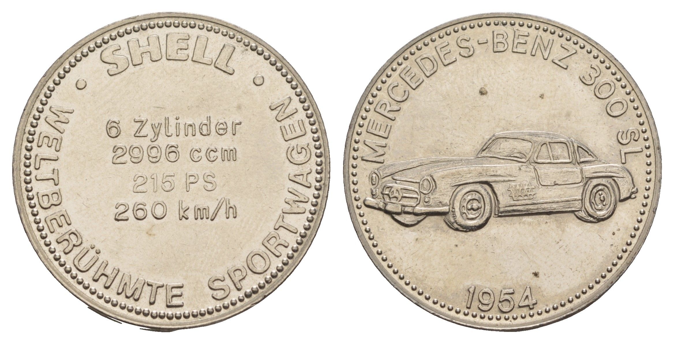 Германия жетон Shell - Знаменитые спортивные автомобили - Mercedes-Benz 300 SL ND диаметр 29,6 мм, вес 9,8 гр сталь плакированная никелем 4653-932