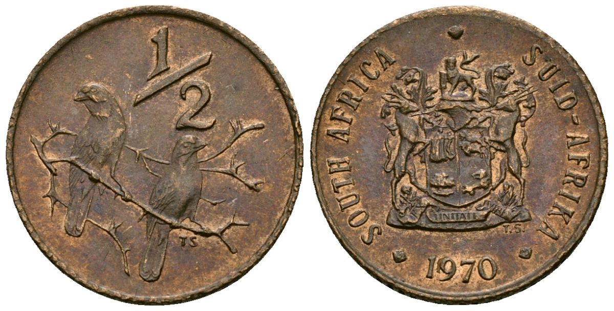 ЮАР 1/2 цента 1970 два капских воробья на ветке KM 81 бронза 4136-844