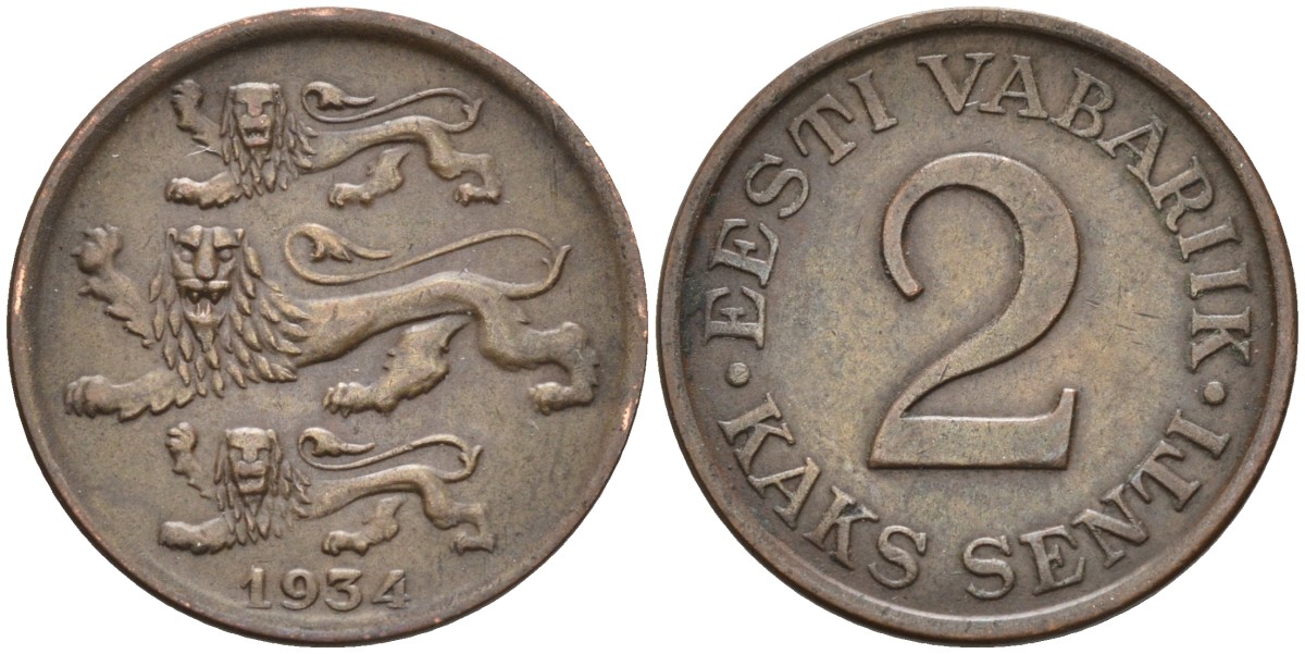 Эстония 2 цента 1934 Республика (1918-1941) KM 15 бронза 4585-1036