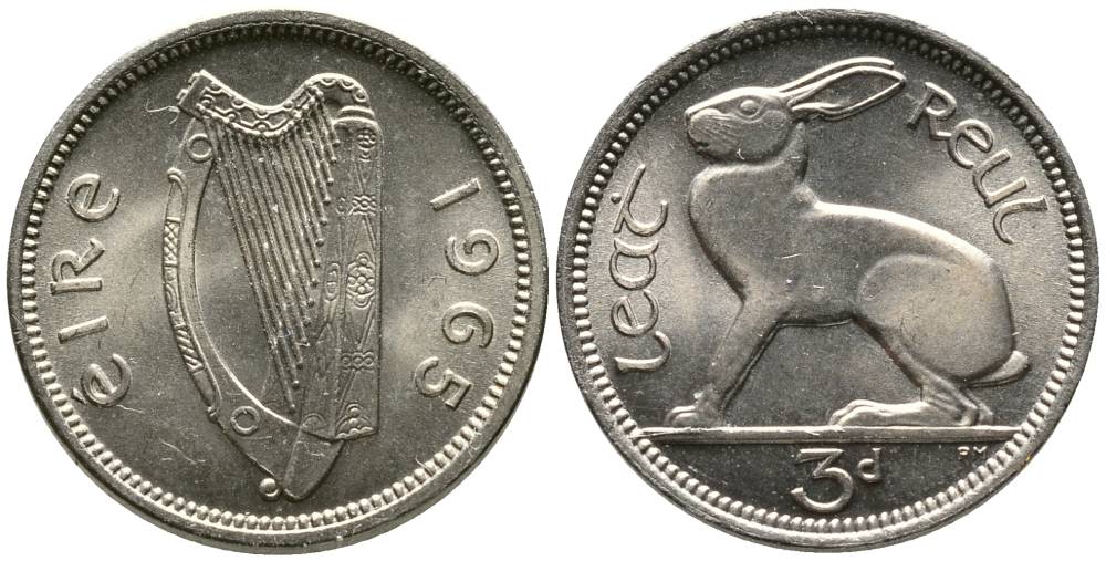 Ирландия 3 пенса 1965 заяц KM 12а медно-никель 4525-1127