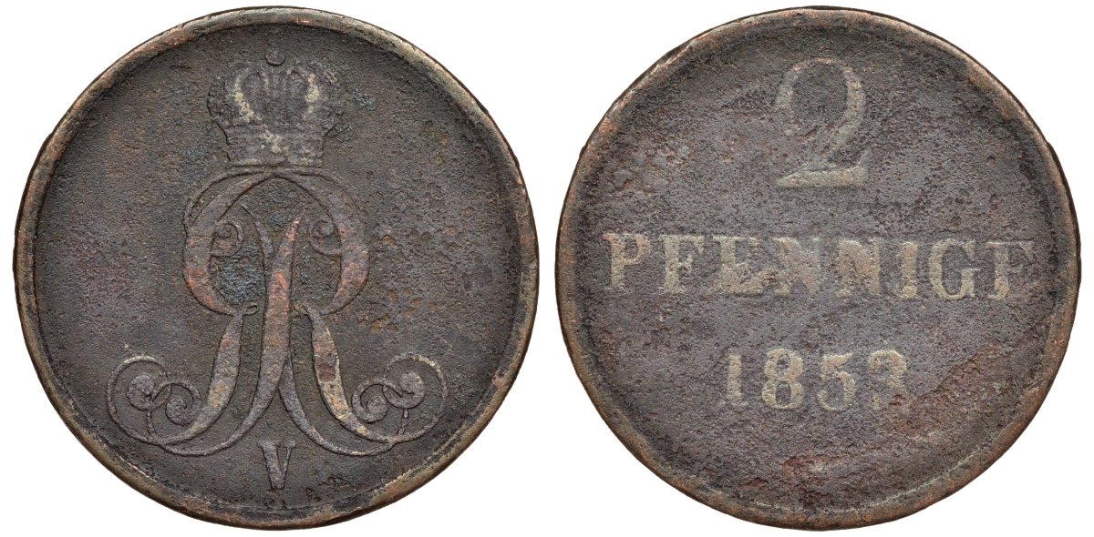 Брауншвейг-Каленберг-Ганновер 2 пфеннига 1853 B, Георг V (1851-1866) KM 217,aKS 152, J. 84 медь 4142-151
