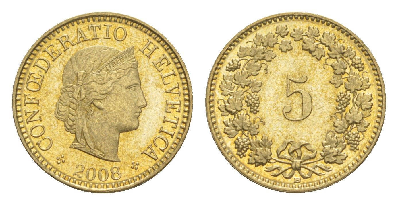 Швейцария 5 раппенов 2008 B KM 26c алюминиевая бронза 4532-1024