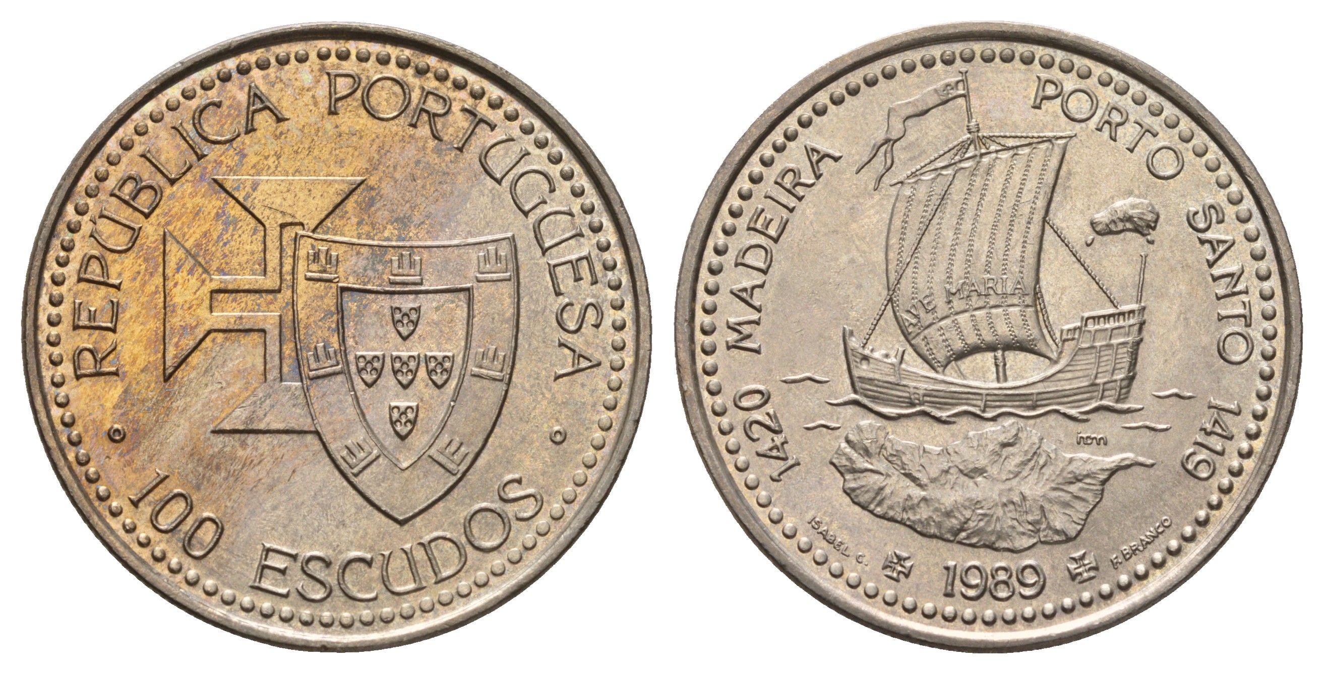 Португалия 100 эскудо 1989 Золотой век открытий - Открытие острова Мадейра KM 647 медно-никель UNC 4572-1045