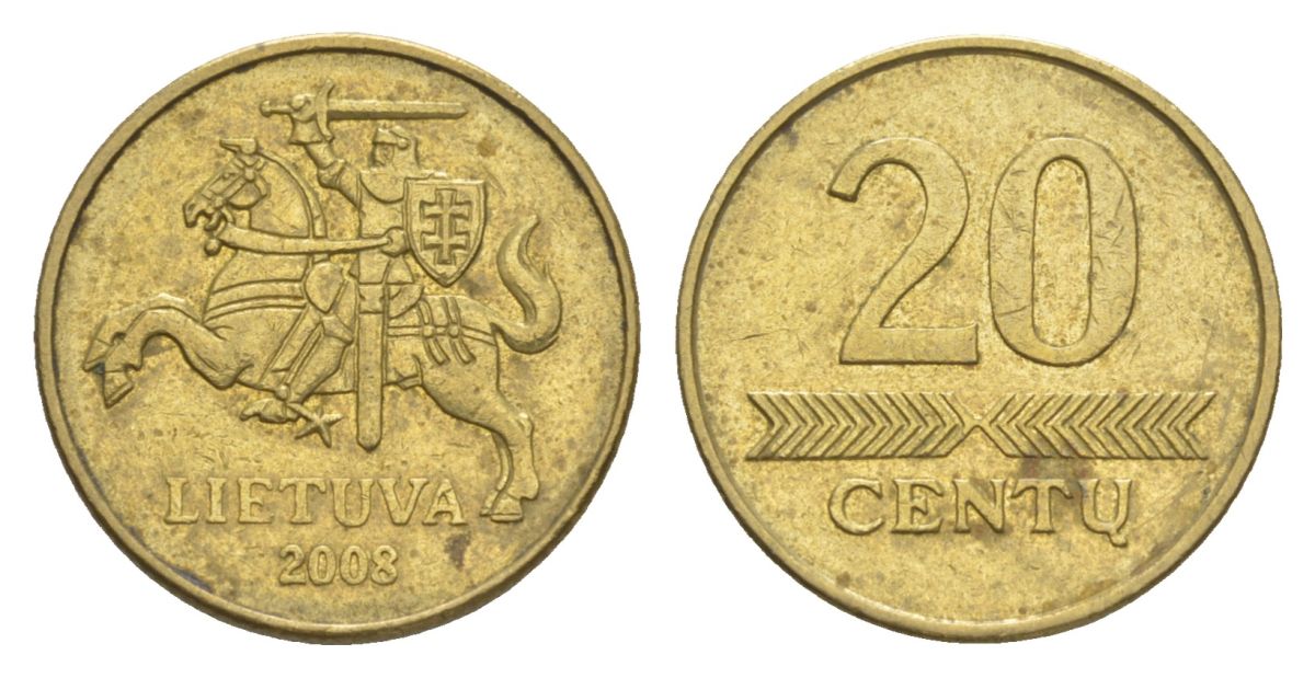 Литва 20 центов 2008 KM 107 никель латунь 4633-852