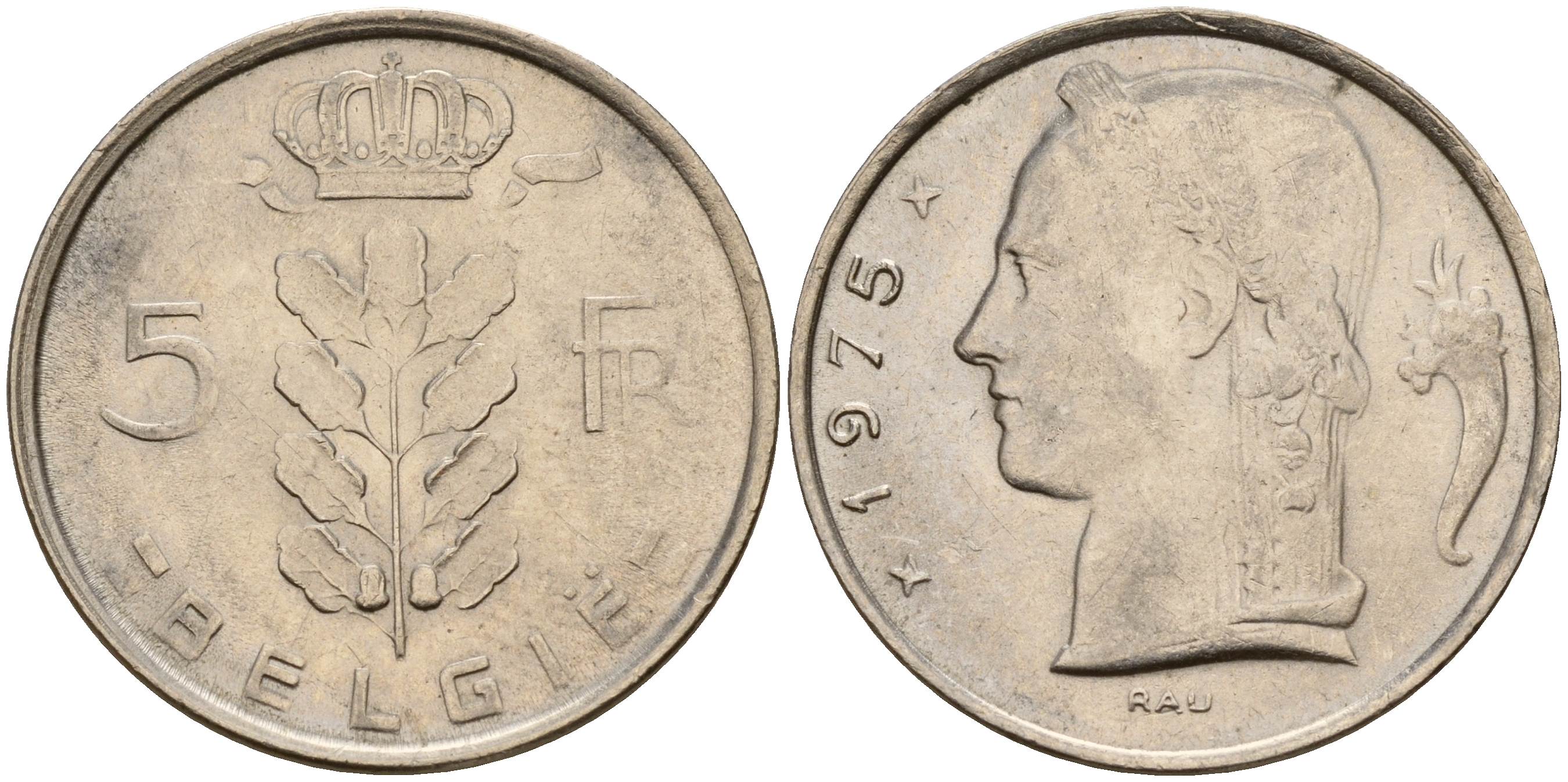 Бельгия 5 франков 1975 Belgie, Бодуэн I (1951-1993) KM 135.1 медно-никель  UNC  4187-317