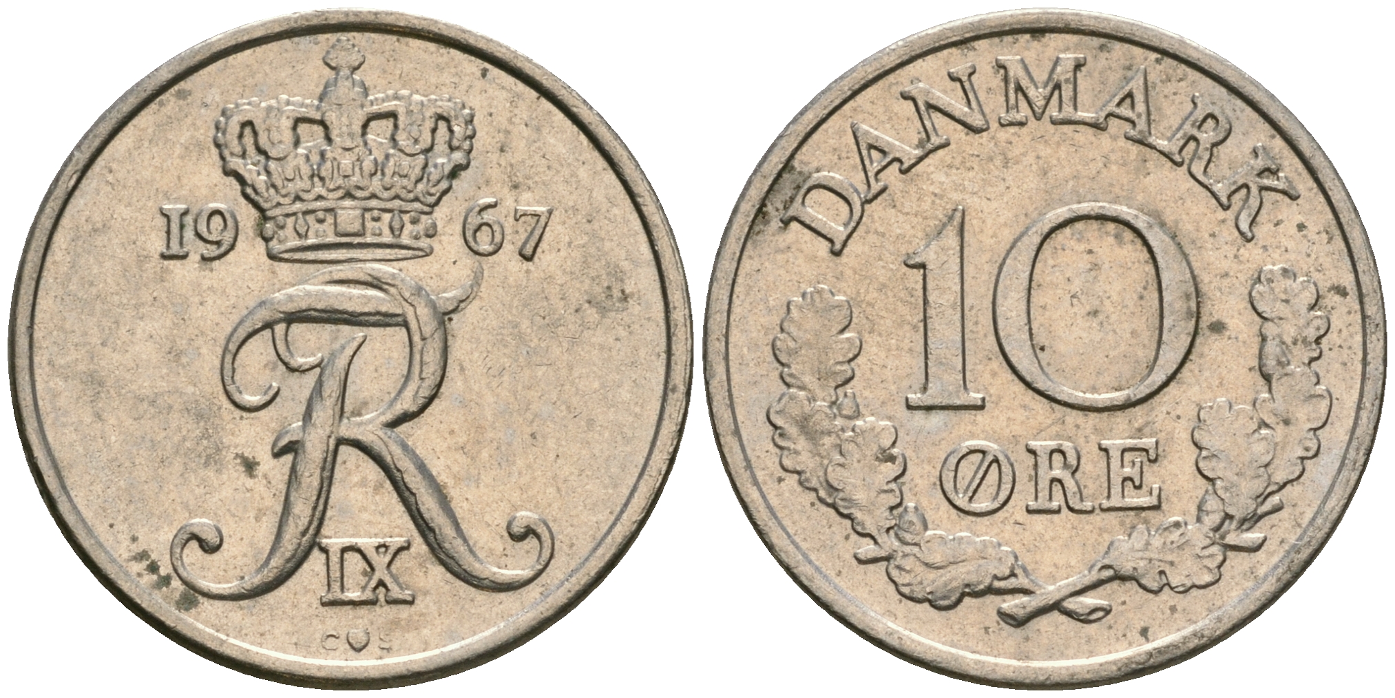 Дания 10 эре 1967 C; S, Фредерик IX (1947-1972) KM 849.1 медно-никель UNC 08-1443