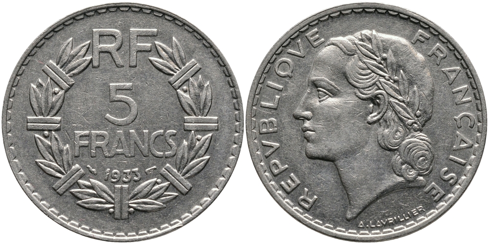 ФРАНЦИЯ 5 ФРАНКОВ 1933 KM 888 никель 413-2541