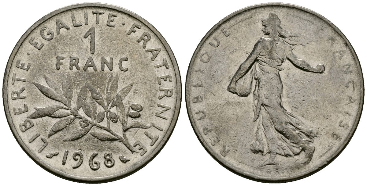 Франция 1 франк 1968 сеятель KM 925 никель 4135-824