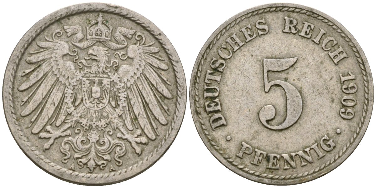 Германия 5 пфеннигов 1909 A KM 11 медно-никель 4516-568