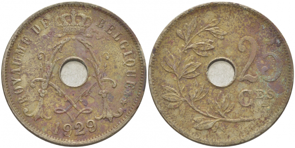 БЕЛЬГИЯ 25 САНТИМОВ 1929 BELGIQUE KM 68.1 медно-никель 4529-1112