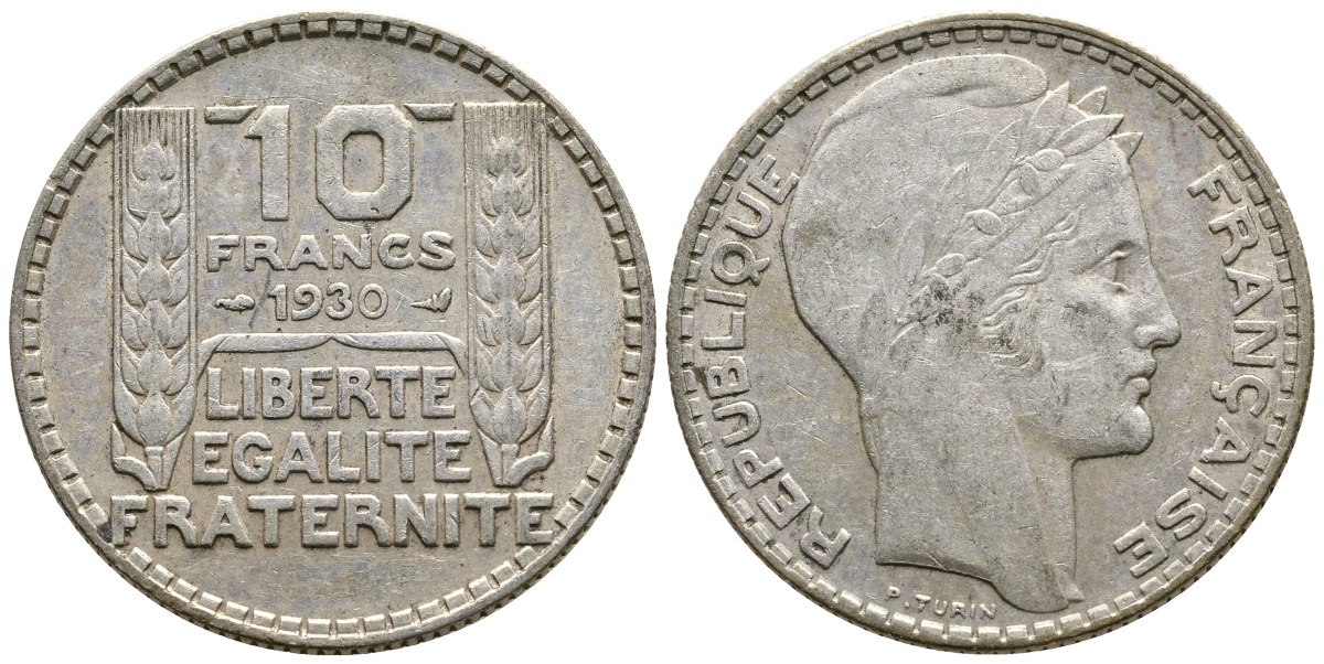 Франция 10 франков 1930 Пьер Тюрен KM 878, Le Franc 360.3 серебро 79-321