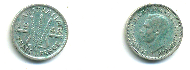 Австралия 3 пенса 1948 m, Георг VI (1937-1952), без букв KM 37a серебро 46-544