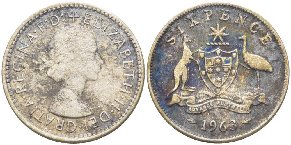 АВСТРАЛИЯ 6 ПЕНСОВ 1963 m, ЕЛИЗАВЕТА II (1953-), ГЕРБ АВСТРАЛИИ, ПРОБА 500, ДИАМЕТР 28,5 ММ. KM 58 серебро 4516-132