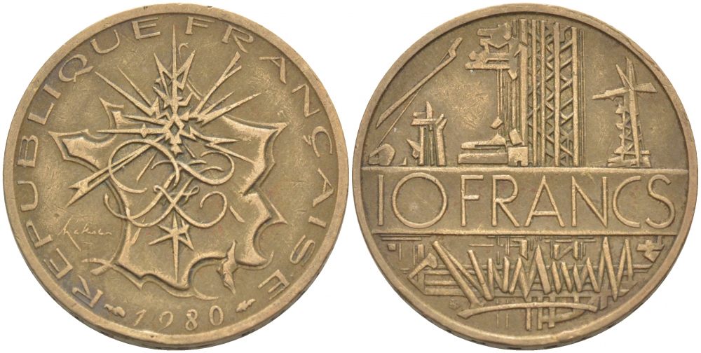 Франция 10 франков 1980 тип Матье KM 940, Le Franc 365.15-16 никель латунь 4402-1144
