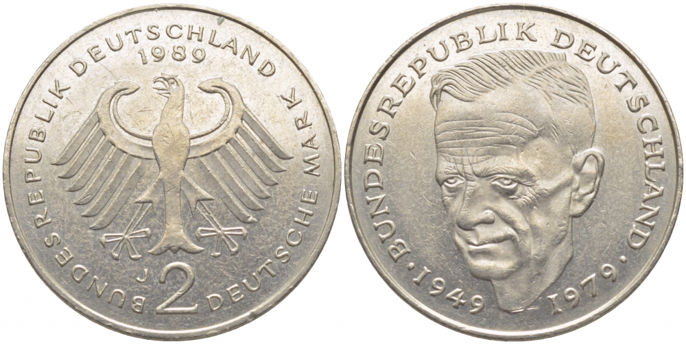 ФРГ 2 МАРКИ 1989 J, КУРТ ШУМАХЕР KM 149, J. 424 медно-никель плакированный никелем 3856-411