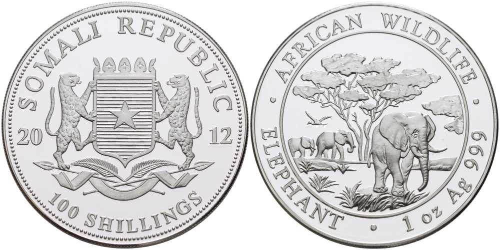 Сомали 100 шиллингов 2012 серия охрана окружающей среды, африканские слоны, 1 унция KM NEW серебро  PROOF 1076-7-43