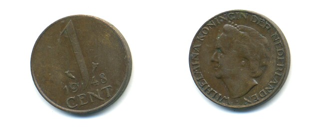 Нидерланды 1 цент 1948 Вильгельмина (1890-1948), год тип KM 175 бронза 80-947