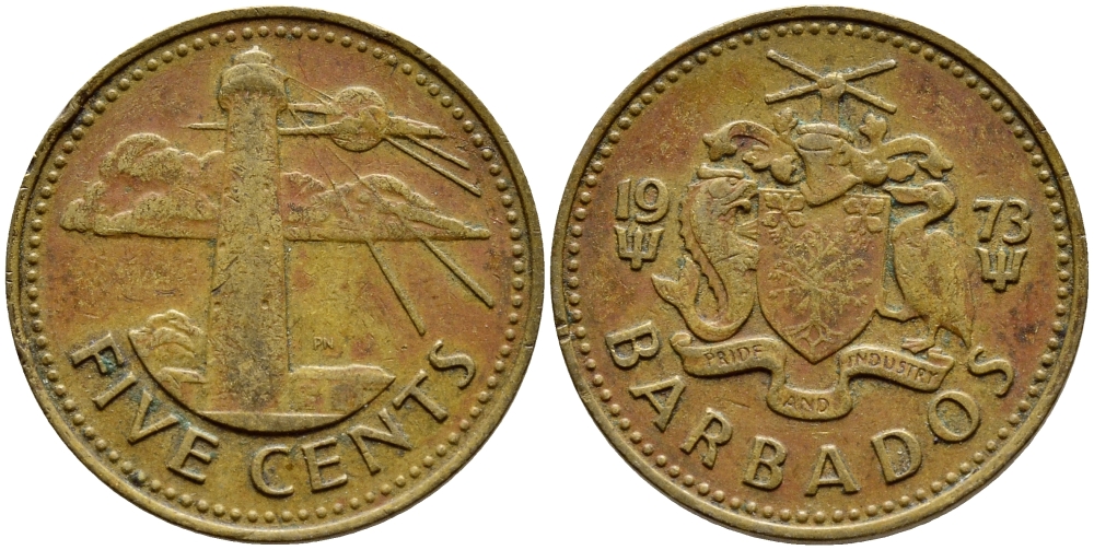 Барбадос 5 центов 1973 маяк Саут-Пойнт KM 11 латунь 4398-456