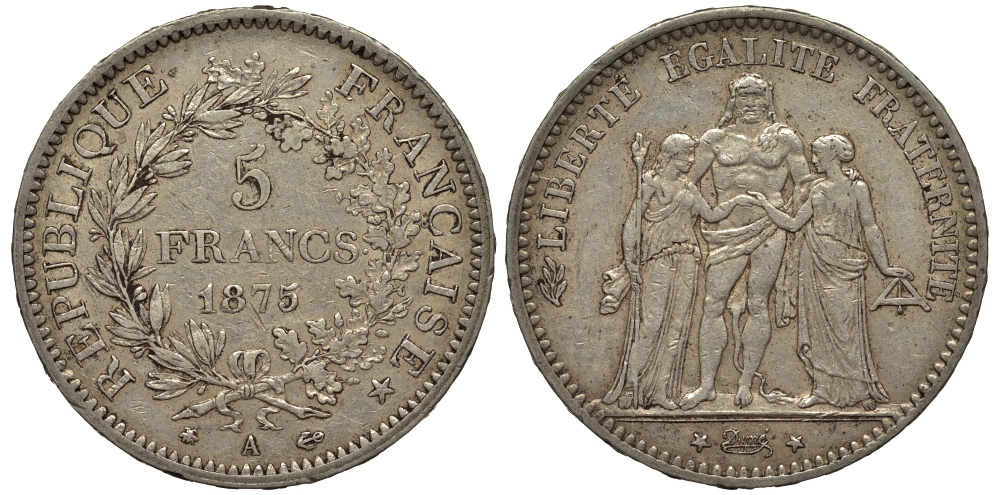Франция 5 франков 1875 А, Геракл с богинями равенства и братства KM 820.1 серебро    1530-1022