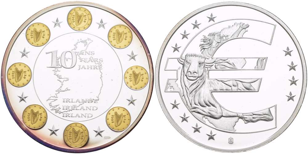 НИДЕРЛАНДЫ МЕДАЛЬ 2012 СЕРИЯ 10 ЛЕТ ЕВРО, ИРЛАНДИЯ, СЕРЕБРЕНИЕ, ПОЗОЛОТА, ДИАМЕТР 40 ММ., ПОХИЩЕНИЕ ЕВРОПЫ PROOF 1082-6-41