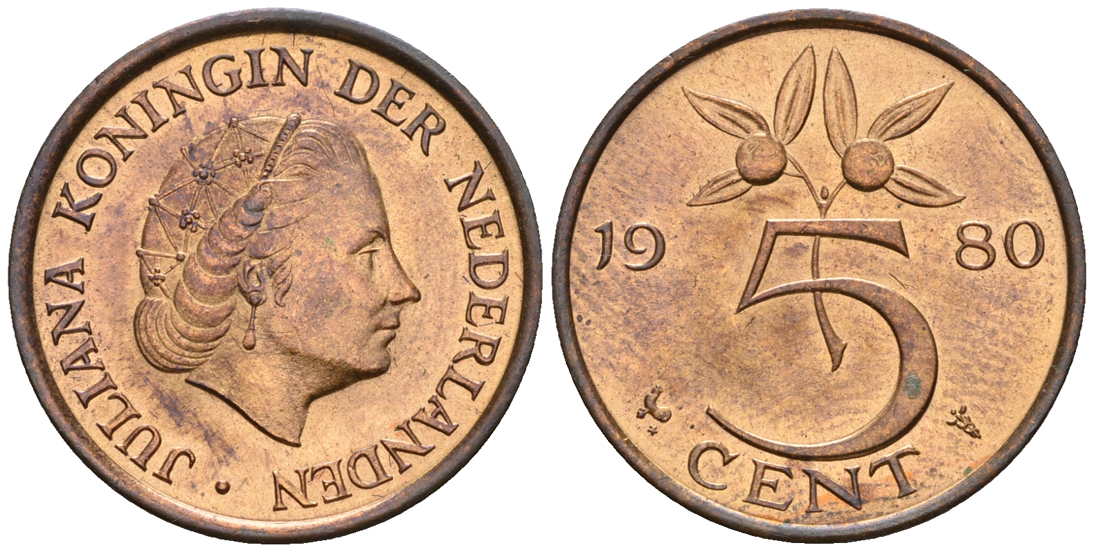 Нидерланды 5 центов 1980 Юлиана (1948-1980) KM 181 бронза UNC 4606-1024