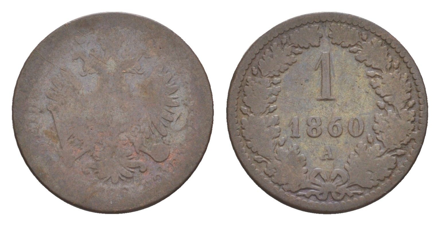 Австрия 1 крейцер 1860 A, Франц Иосиф I (1848-1916) KM 2186 медь 4639-215