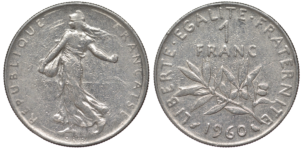 Франция 1 франк 1960 сеятель KM 925.1, Le Franc 226.4 никель 25-2346