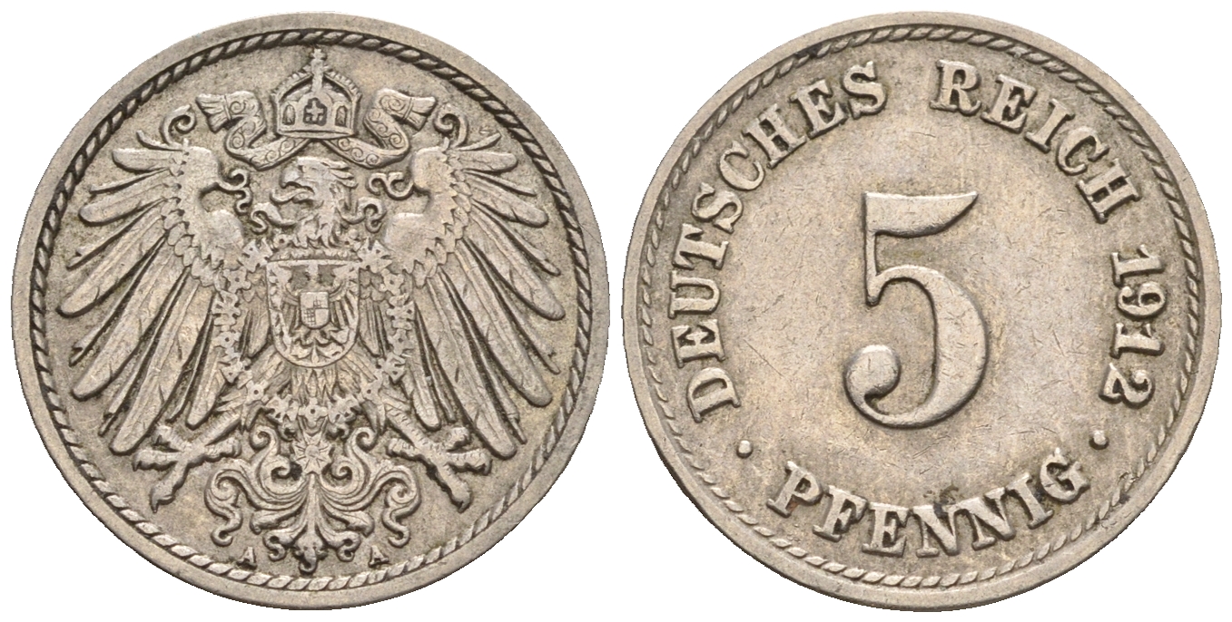 Германия 5 пфеннигов 1912 A, KM 11, J. 12 медно-никель 220-634