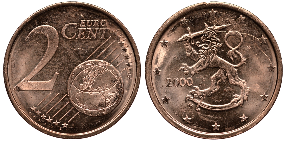 ФИНЛЯНДИЯ 2 ЕВРОЦЕНТА 2000 KM 99 сталь плакированная медью UNC 4181-457