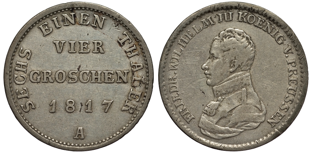 Пруссия 4 гроша 1817 A, ФРИДРИХ ВИЛЬГЕЛЬМ III (1797-1840) KM 394 серебро 00-00