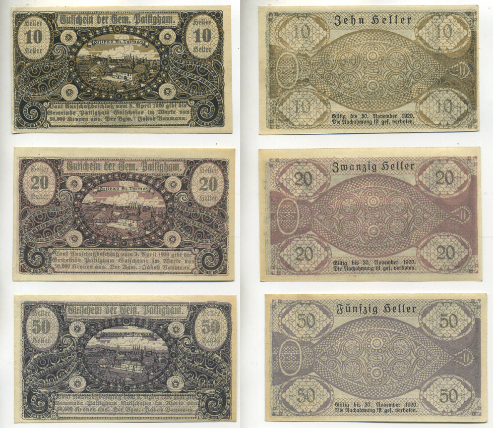 АВСТРИЯ НАБОР ИЗ 3 БАНКНОТ 1920 3 АПРЕЛЯ 1920-30 ДЕКАБРЯ 1920, НОТГЕЛЬД, 10, 20, 50 ГЕЛЛЕРОВ, BATTIGHAM бумага XF 6279-9-3-2