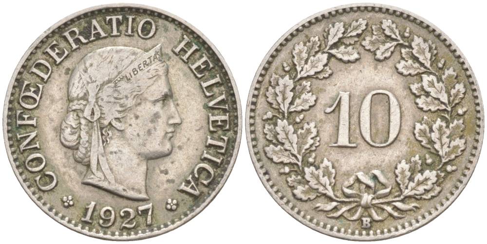 ШВЕЙЦАРИЯ 10 РАППЕНОВ 1927 В KM 27 медно-никель 3309-416