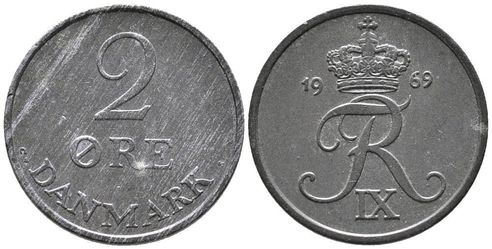 ДАНИЯ 2 ЭРЕ 1969 C; S, ФРЕДЕРИК IX (1947-1972) KM 840.2 цинк 24-1125