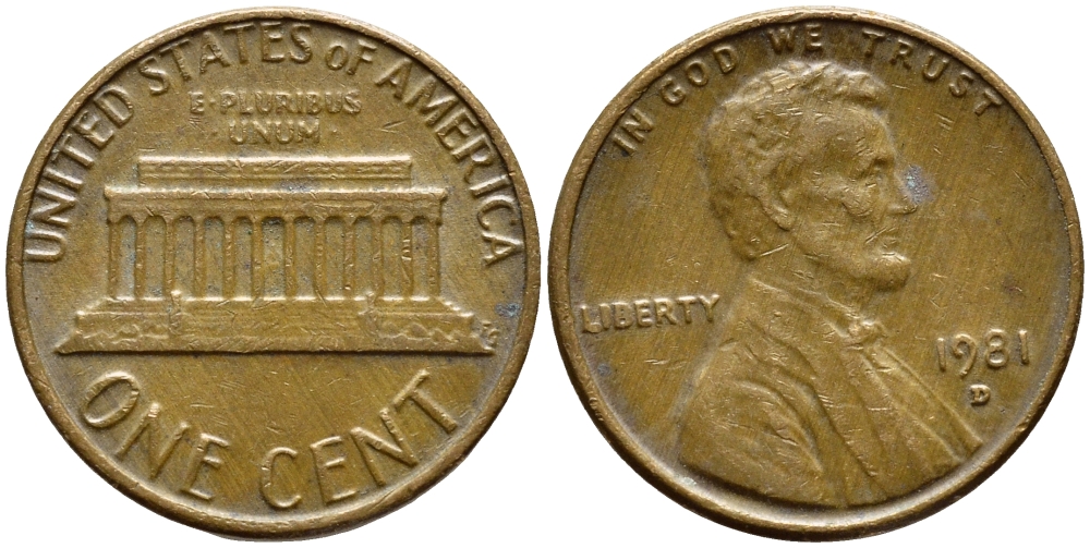 США 1 ЦЕНТ 1981 D, ЛИНКОЛЬН KM 201 медь цинк 4396-449