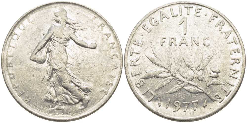 ФРАНЦИЯ 1 ФРАНК 1977 СЕЯТЕЛЬ KM 925.1, LE FRANC 226.22 никель 175-543