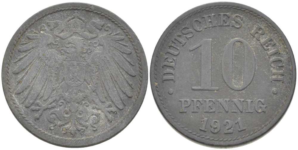 ГЕРМАНИЯ 10 ПФЕННИГОВ 1921 (1917-1922) KM 26, J. 299, Weege 8 цинк 210-254