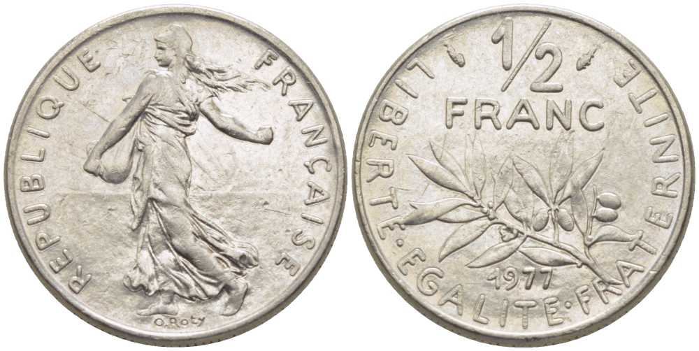 ФРАНЦИЯ 1/2 ФРАНКА 1977 СЕЯТЕЛЬ KM 931.1, LE FRANC 198.16 никель 175-954