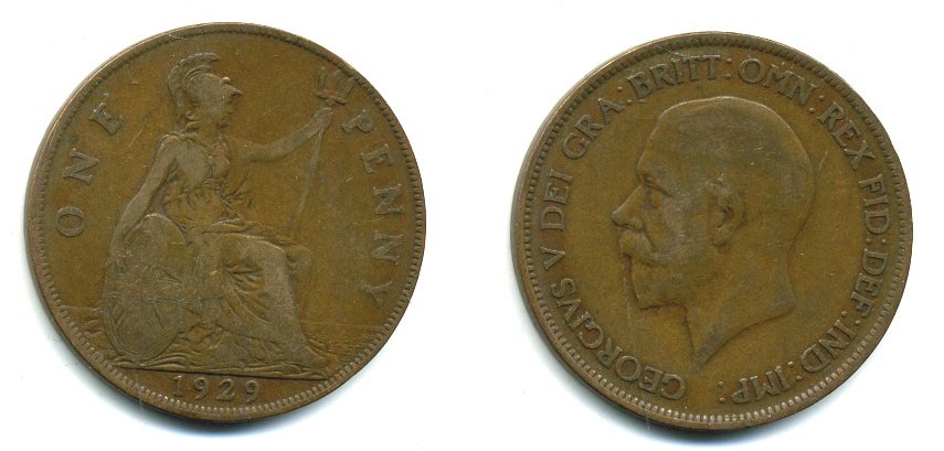 Великобритания 1 пенни 1929 Георг V (1910-1936) KM 838, Spink 4055 бронза 41-1015