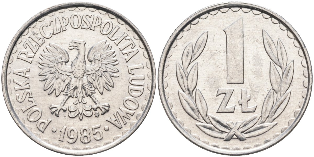Польша 1 злотый 1985 MW, Народная Республика KM 49.1, Parchimowicz 213x алюминий UNC 4364-2116