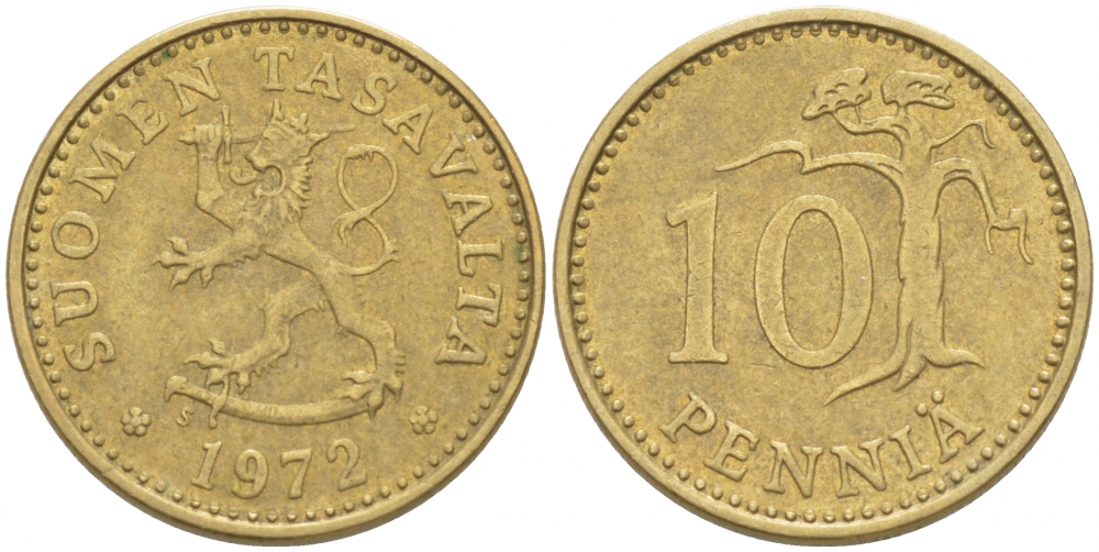 ФИНЛЯНДИЯ 10 ПЕННИ 1972 S КМ 46 алюминиевая бронза 3309-269
