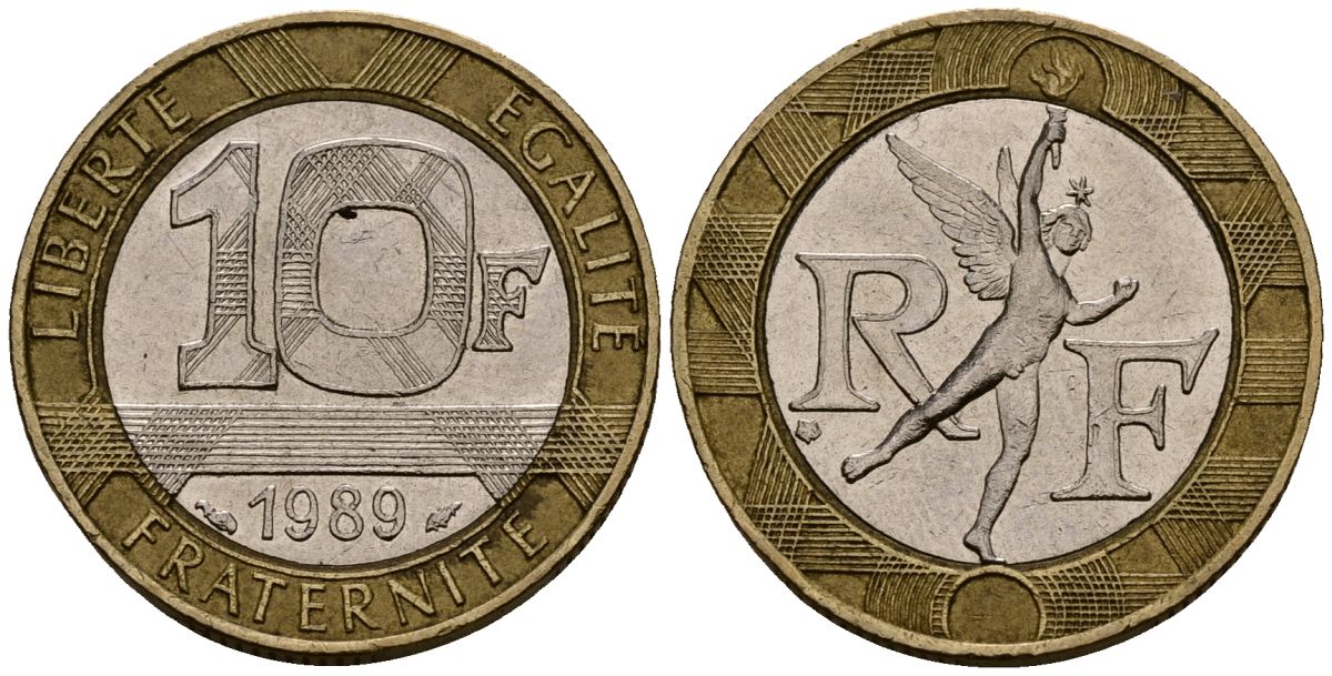 Франция 10 франков 1989 тип гений Бастилии KM 964.1, Le Franc 375.3 биметалл 4138-322