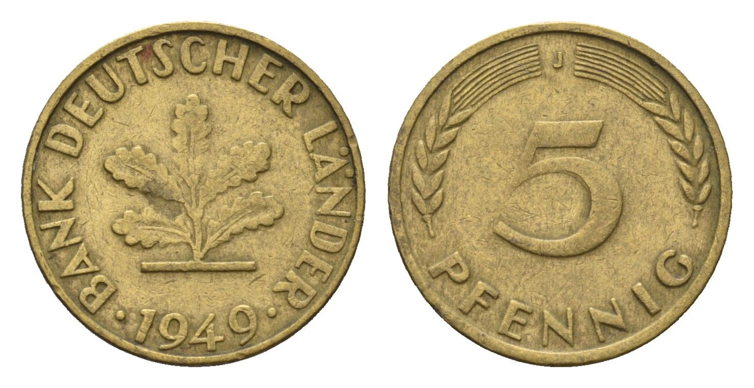 ФРГ 5 пфеннигов 1949 J KM 102, J. 377 сталь плакированная латунью 4685-411